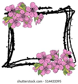 Japanese cherry flowers hand drawn illustration with splash frame