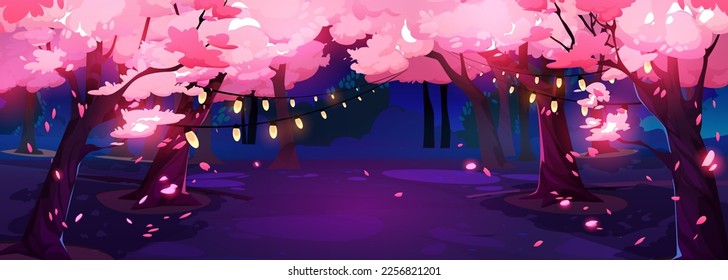 Japanese cherry garden with sakura blossom at night. Spring park landscape with grass glade, chinese cherry trees with falling pink flower petals and light bulb garland, vector cartoon illustration