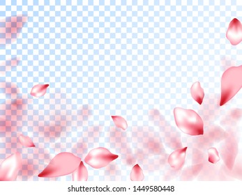 Japanese cherry petals on transparent background. Spring tree blossom flower parts. Pink japanese cherry blossom petals flying vector. Valentine card backdrop. Abstract spa showering backgound.