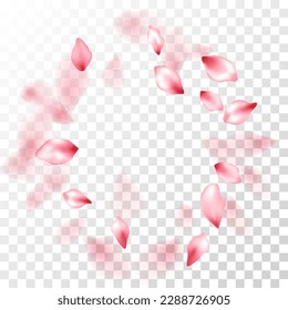 Japanese cherry petals on transparent background. Natural cosmetics background. Pink japanese cherry blossom petals flying vector. Beautiful floral wallpaper. Blooming flower parts scatter.