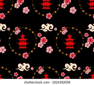 Japanese cherry sakura blossom spring vector seamless pattern. 