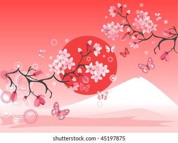  Japanese cherry tree to the background of the mountain