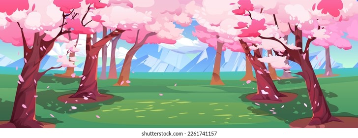 Japanese cherry trees and white mountains on horizon. Spring landscape of garden or park with sakura trees with pink flowers, green grass and rocks, vector cartoon illustration