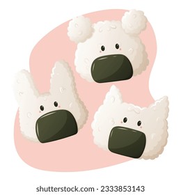 Japanese child onigiri rice balls with nori vector illustration. Onigiri for children with eyes. Traditional asian food. Restaurant, cafe design element. Banner, flyer.