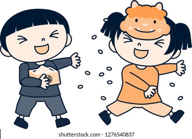 Japanese Children throwing dried soy beans