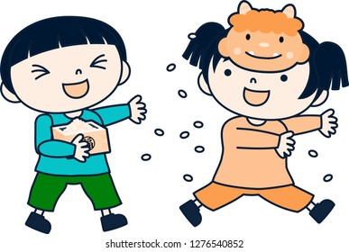 Japanese Children throwing dried soy beans