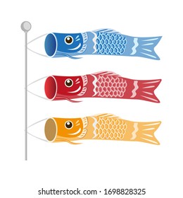 Japanese Children`s Day Koinobori, Fish Carps Flags in three color icon set in flat illustration vector isolated in white background