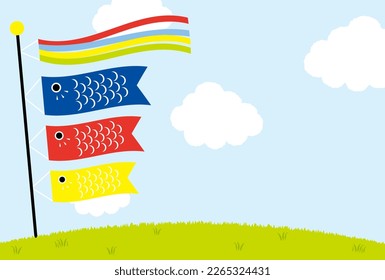 Fondo vectorial del Día del Niño Japonés con decoraciones de Koinobori y campo en el cielo para carteles, tarjetas, volantes, fondos de pantalla de medios sociales, etc.