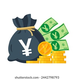 Japanese or China Money Vector Illustration. Japanese yen and Chinese yuan sack, coins and banknotes. Each object isolated.