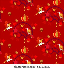 Japanese and chinese autumn seamless pattern with lantern, maple leaf and birds.