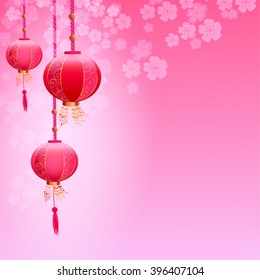 Japanese or Chinese background with lanterns and flowers sakura for greeting card and invitations.