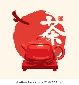 Caracteres japoneses o chinos que se traducen como té, felicidad, verdad. Ilustración vectorial con una tetera en el fondo rojo sol con águila. Ceremonia del té. Acuarela en estilo japonés o chino