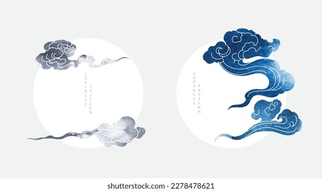 Japanese chinese cloud pattern in vintage style with Blue and grey brush stroke texture. Abstract art landscape banner design with watercolor texture vector.