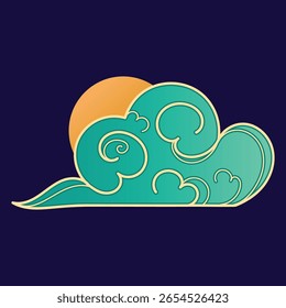Nube creativa japonesa y china con remolinos dibujados a mano y contornos ondulados. Cielo con nubes azules y sol. Icono de nube Abstractas en estilo oriental. 