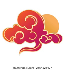 Japanese and Chinese Creative Cloud With Hand Drawn Swirls and Wavy Outlines. Sky with blue clouds and sun. Abstract cloud icon in oriental style. 