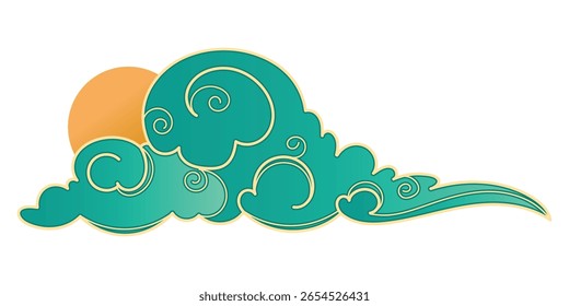 Nuvem criativa japonesa e chinesa com redemoinhos desenhados à mão e contornos ondulados. Céu com nuvens azuis e sol. Ícone de nuvem abstrato em estilo oriental. 