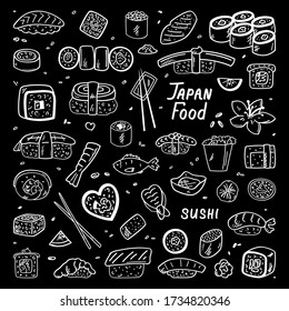 Japanese and Chinese cuisine. Food, doodles. Vector illustration. Simple style, suitable for cafe decoration.