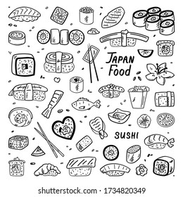 Japanese and Chinese cuisine. Food, doodles. Vector illustration. Simple style, suitable for cafe decoration.