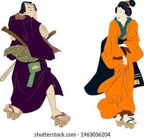 Japanese and Chinese culture vector illustration. Geisha and samurai warriors. Traditional Japanese culture, geisha woman. Japan art.