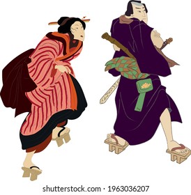 Japanese and Chinese culture vector illustration. Geisha and samurai warriors. Traditional Japanese culture, geisha woman. Japan art.