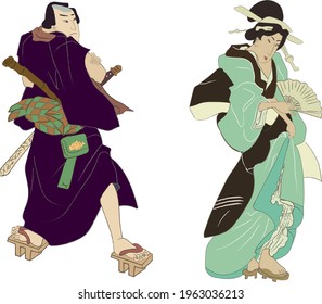 Japanese and Chinese culture vector illustration. Geisha and samurai warriors. Traditional Japanese culture, geisha woman. Japan art.