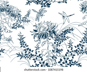 japanese chinese design sketch ink paint style seamless pattern chrysanthemums dragonfly lespedeza 