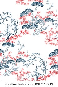 japanese chinese design sketch ink paint style seamless pattern bamboo blossom peach pine