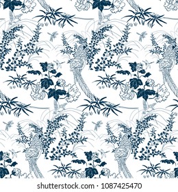 japanese chinese design sketch ink paint style seamless pattern pheasant bird bamboo nature chrysantemun