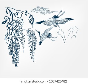 japanese chinese design sketch ink paint style card background pattern wisteria flower crans mountains clouds svg