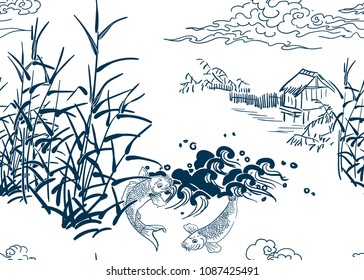 japanese chinese design sketch ink paint style seamless pattern peasant landsape pond hut bulrush koi fish