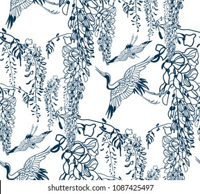 japanese chinese design sketch ink paint style seamless pattern wisteria flower crans svg