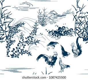 japanese chinese design sketch ink paint style seamless pattern village chicken birds bulrush pond