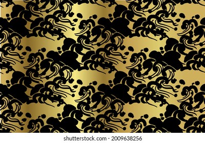 japanese chinese design sketch ink paint style seamless pattern sea waves gold