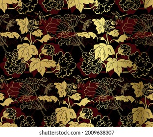 japanese chinese design sketch ink paint style seamless pattern chrysanthemums black gold