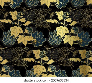 japanese chinese design sketch ink paint style seamless pattern chrysanthemums black gold