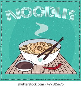 Japanese or Chinese dish of wheat noodles, known as Ramen or Udon, in white bowl on wooden mat with chopsticks. Nearby chili pepper and soy sauce in cup. Hand drawn. Vector illustration
