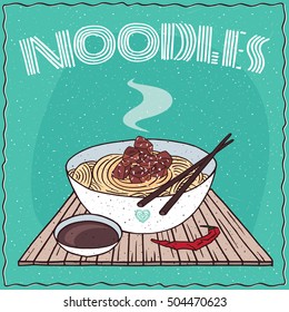 Japanese or Chinese dish of wheat noodles and beef, known as Ramen or Udon, on wooden mat with chopsticks. Nearby chili pepper and soy sauce in cup. Hand drawn. Vector illustration