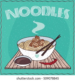 Japanese or Chinese dish of wheat noodles and chicken, known as Ramen or Udon, on wooden mat with chopsticks. Nearby chili pepper and soy sauce in cup. Hand drawn. Vector illustration