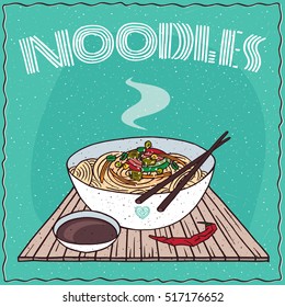 Japanese or Chinese dish of wheat noodles and vegetables, known as Ramen or Udon, on wooden mat with chopsticks. Nearby chili pepper and soy sauce in cup. Hand drawn. Vector illustration