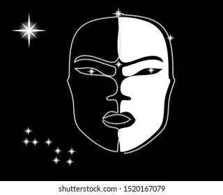 Japanese Chinese ethnic mask with precious stones and stars. Pearl jewelry.