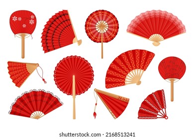 Japanese and Chinese fans. Oriental Japan collection in traditional paper style. Asian souvenirs set for art festival. Vector open and closed accessories with bamboo handles and ornaments