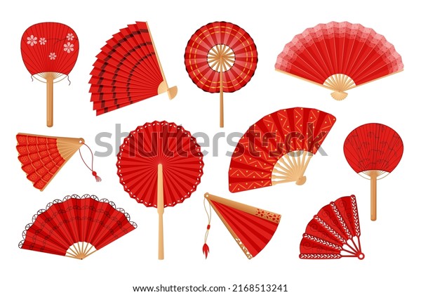 Japanese\
and Chinese fans. Oriental Japan collection in traditional paper\
style. Asian souvenirs set for art festival. Vector open and closed\
accessories with bamboo handles and\
ornaments