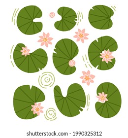 Japanese or Chinese flowers and lilypads set. Collection of rose water lotus and leaves top view. Up view composition. Vector flat hand drawn illustration.