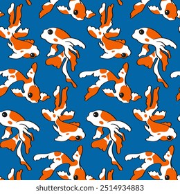 Japanese Chinese goldfish. Seamless pattern. Flat background design. Repeating print for fabric, textile, wrapping paper, covers, banners, home decor, wall art.