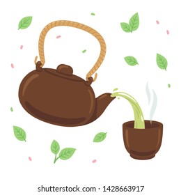 Japanese or Chinese green tea drawing. Pouring tea from teapot into steaming cup, surrounded by tea leaves and petals. Isolated vector illustration.
