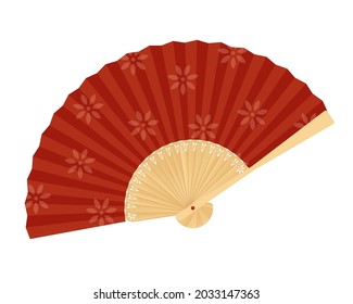 Japanese or Chinese Hand fan. Traditional Asian handheld item oriental style. Vector isolated illustration on white background
