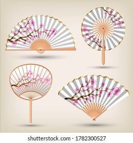 Japanese And Chinese Hand Fans Set .Traditional Oriental White And Gold Hand Fan Collection. Vector Illustration.