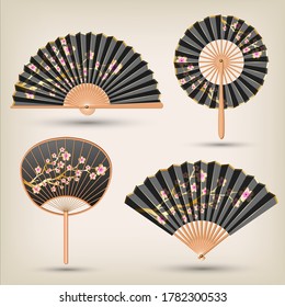 Japanese And Chinese Hand Fans Set .Traditional Oriental Black And Gold Hand Fan Collection. Vector Illustration.