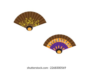 Japanese and Chinese Hand fans set .Vector illustration. Opened and close style  hand fan in cartoon style. Vector illustration isolated on white background.