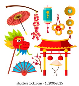 Japanese, Chinese Icons Vector. Sakura, Dragon, Flashlights, Symbols, Fan, Umbrella. Isolated Flat Cartoon Illustration